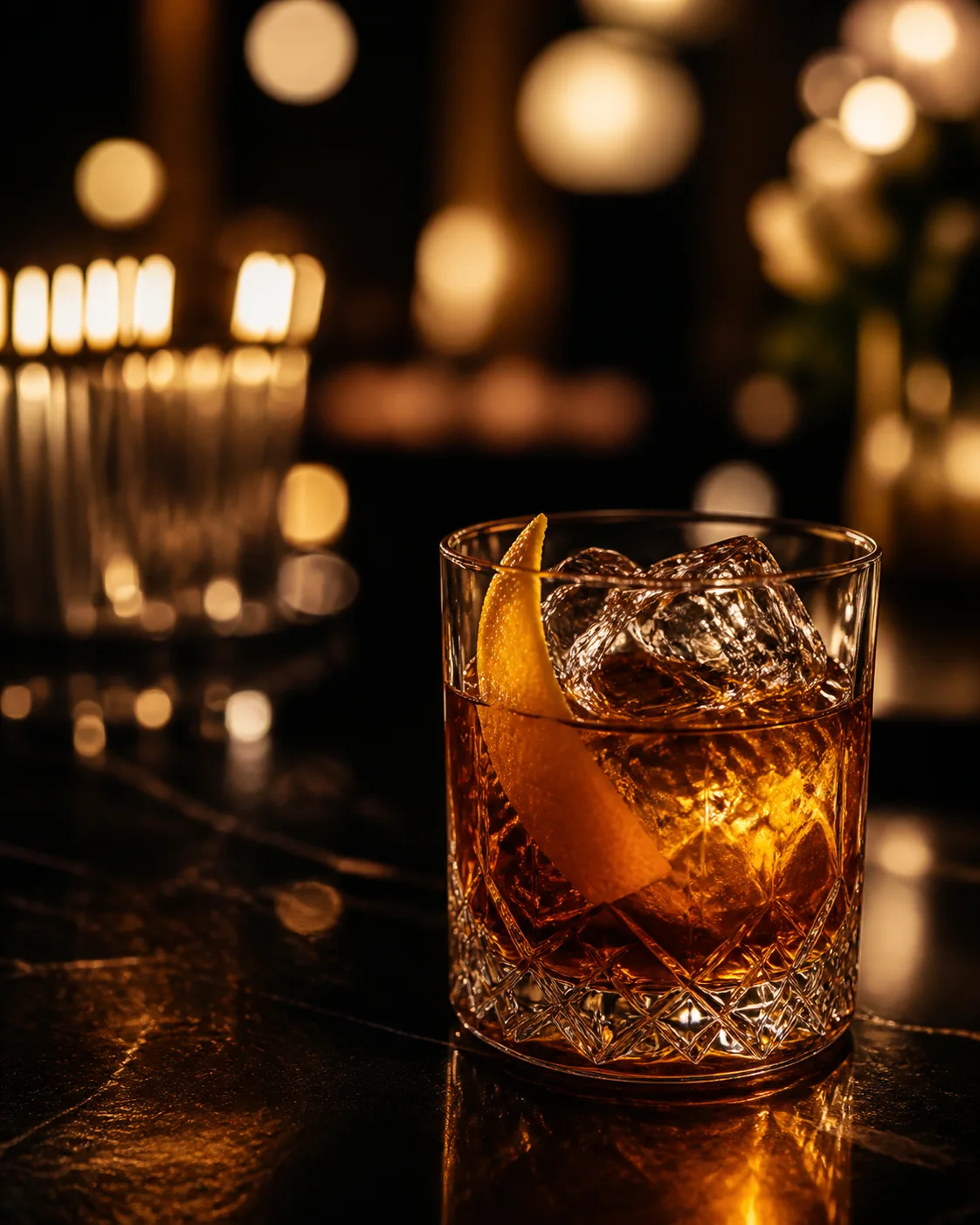 Coctel ambar en vaso de cristal con hielo claro y luz calida de barra.