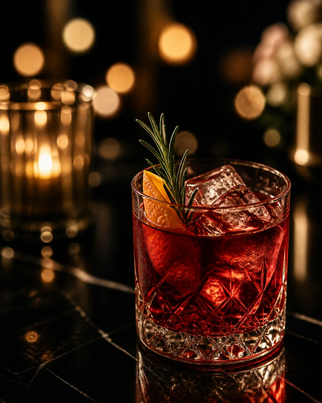 Coctel rojo con romero servido en vaso bajo durante una preparacion elegante.