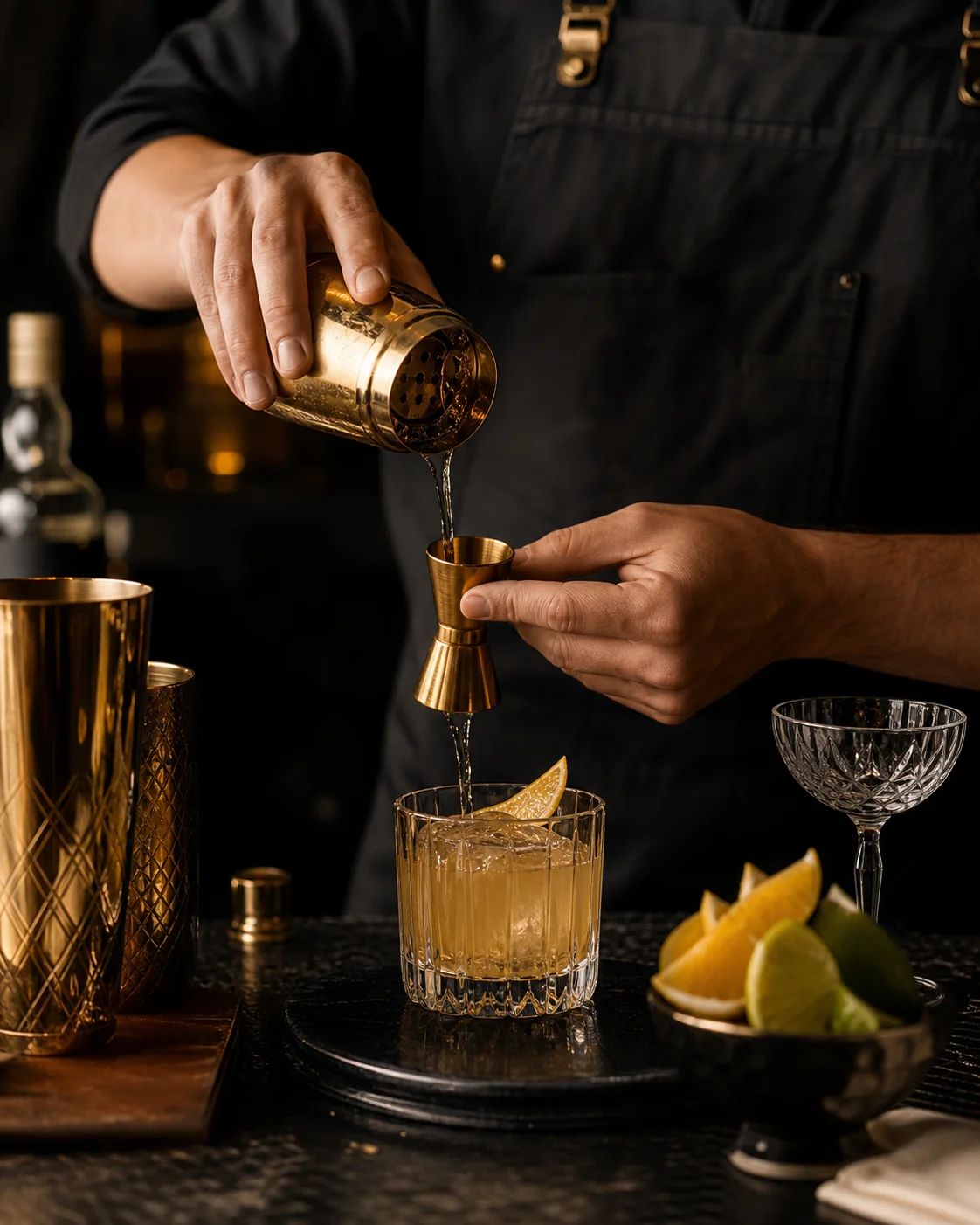Bartender sirviendo una preparacion en jigger dorado con herramientas de barra premium.