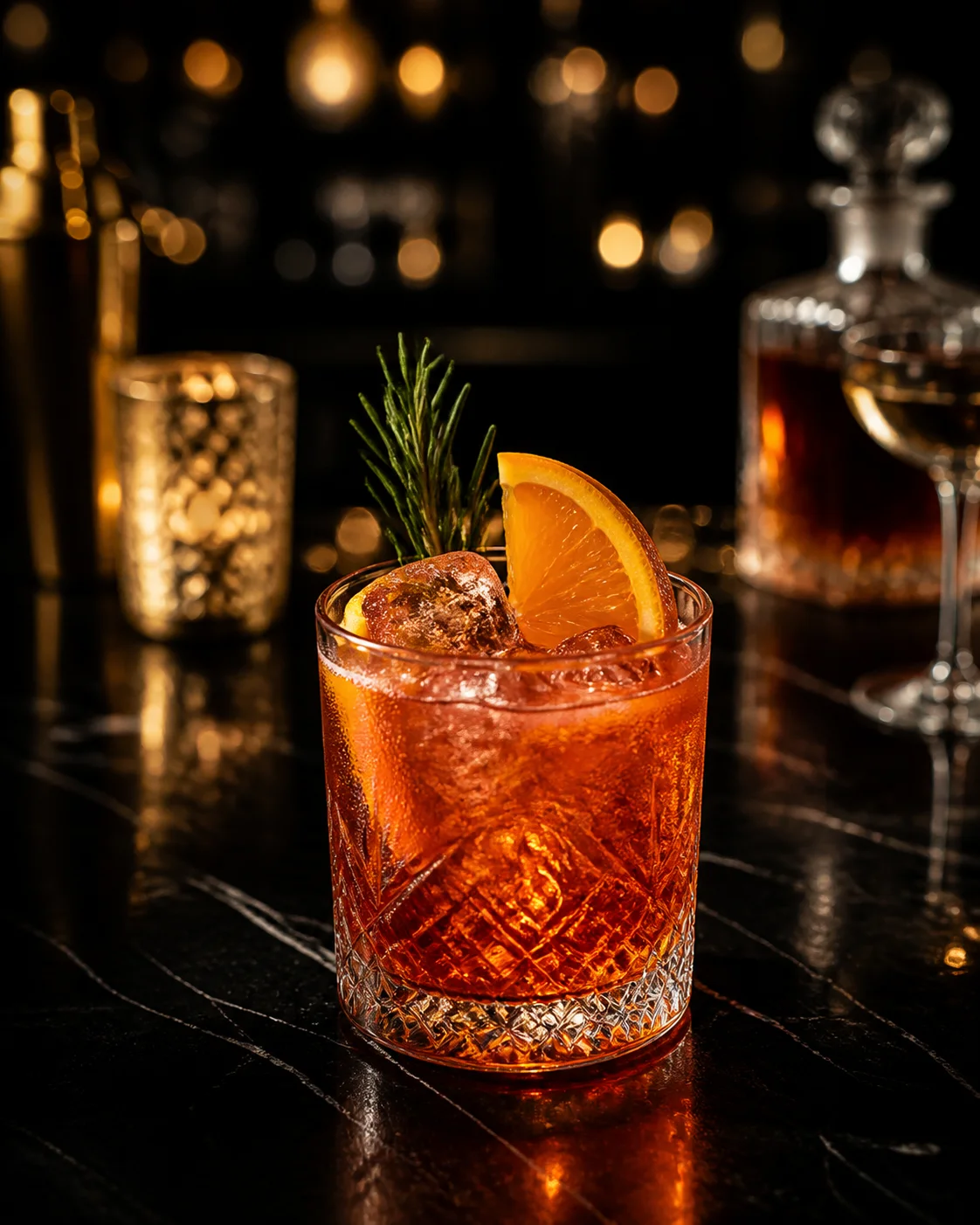 Coctel rojizo con naranja sobre fondo oscuro.