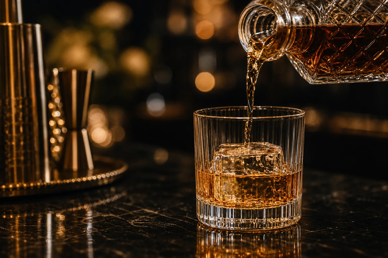 Whiskey servido sobre hielo en vaso de cristal con reflejos calidos.